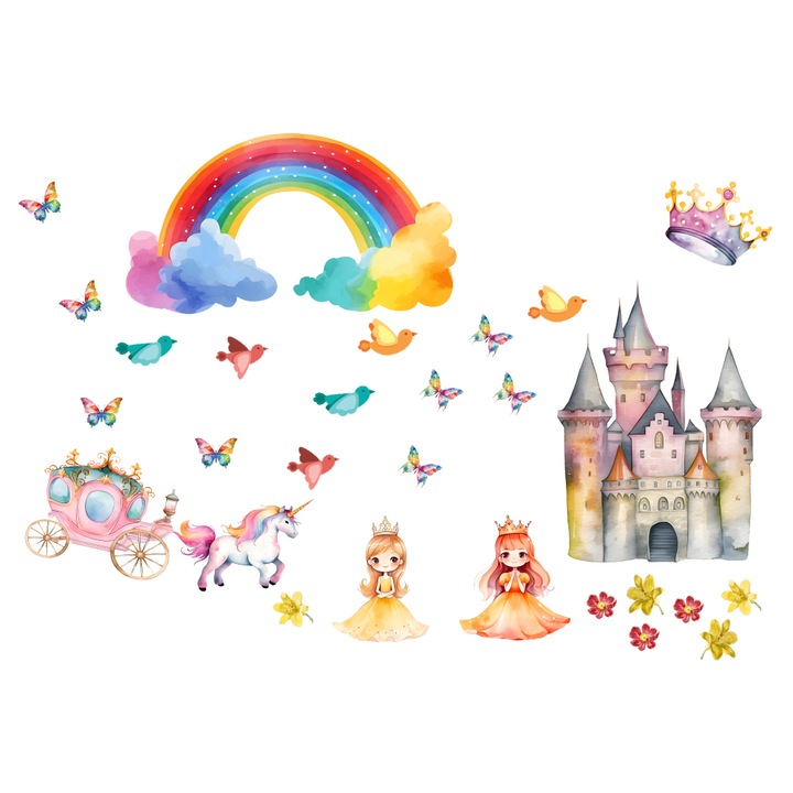 Dekoratív matricák az áthelyezhető textil falmatricákból – hercegnők és egyszarvúak, promóciós nyomat, SPPU