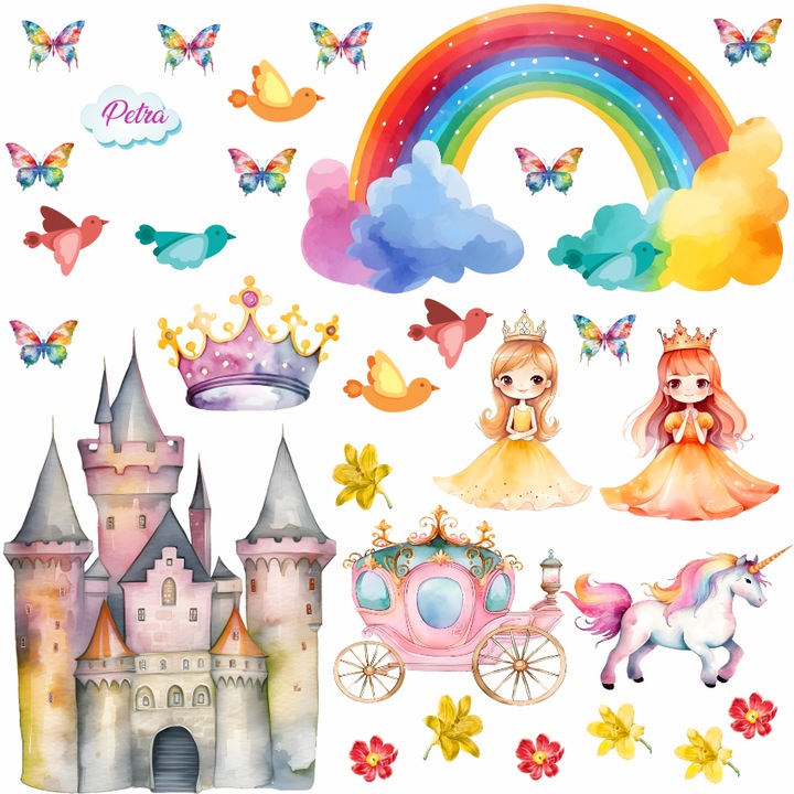 Stickere Decorative Perete Printese si Castel – 30 Stickere din Autocolant Textil Premium, Repozitionabil