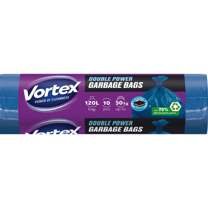 Saci menajeri, Vortex, DOUBLE POWER, 2 straturi, LDPE, albastru, 70x110cm, 120L/10bucati