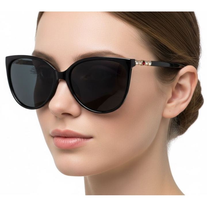 Ochelari de soare dama cu etui si laveta, PolarZone, Policarbonat, Polarizati, UV400, Negru, 58-12-140