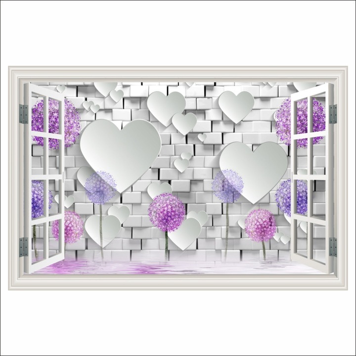 Öntapadós és mosható falikép Ablaklila pitypangok, fehér téglafal, szívek, 150 x 100 cm
