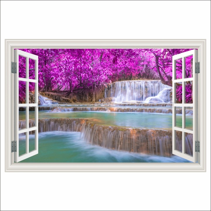 Самозалепващ се фототапет Window Waterfall, розова гора, Лаос, 135 x 90 cm