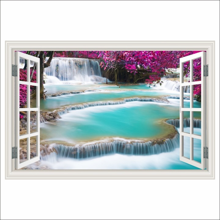 Fototapet de perete autoadeziv si lavabil Fereastra Cascada turquoise, 135 x 90 cm