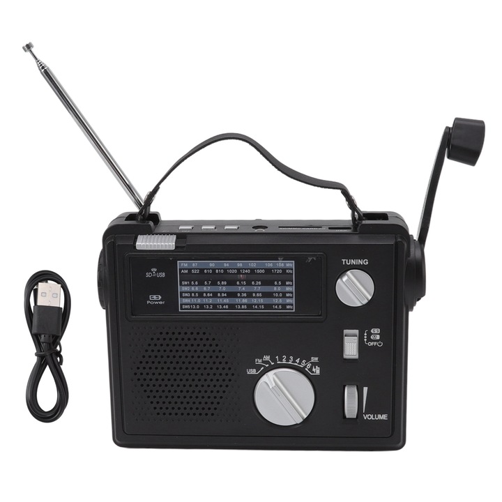 AM FM SW kézi hajtányos rádió többsávos LED-del, vészhelyzeti rádió MP3 lejátszással, U lemez tárolókártya foglalattal