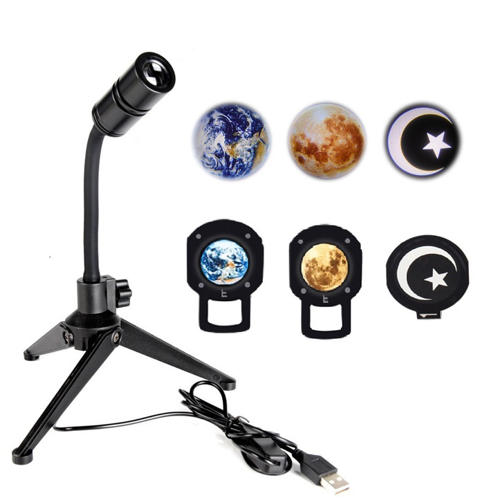 Lampa de proiectie 3D Pamant Luna, rotativa 360°, 15x15x20cm, negru