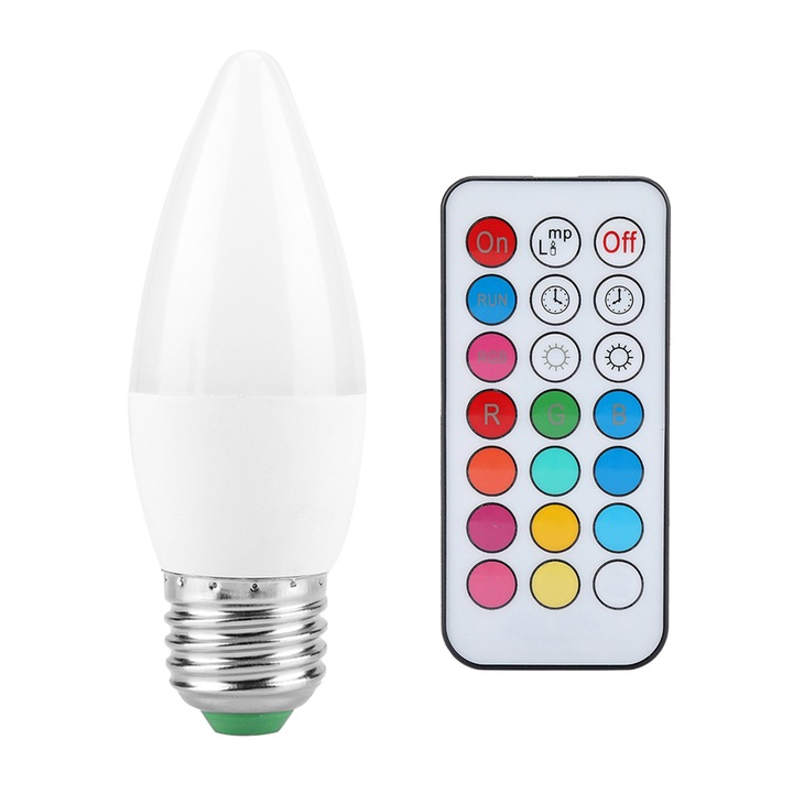 LED крушка с дистанционно, Zeaicos, 3W, RGB + топло бяло, 11x3.8см, комплект с дистанционно