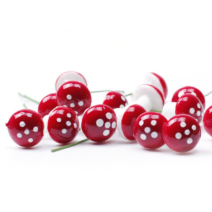 Set 50 ciuperci miniaturale colorate, Enforose, decor pentru gradina, design natural, fir metalic flexibil