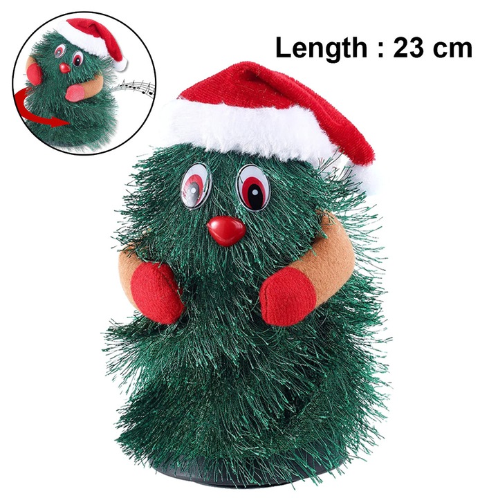 Brad de Craciun muzical rotativ 23x16cm verde cu palarie Mos Craciun