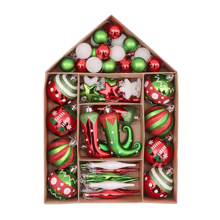 Set globuri de Craciun, 70 bucati, rosu si verde, suprafete lucioase si mate