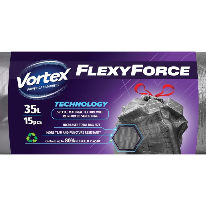 VORTEX Flexy Tisztítótasak szalaggal, LDPE, 53x60cm, grafit, 35L/15db