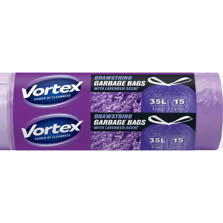 VORTEX Saci menaj cu banda, HDPE, 50x60cm, violet, 35L/15buc - parfum lavanda