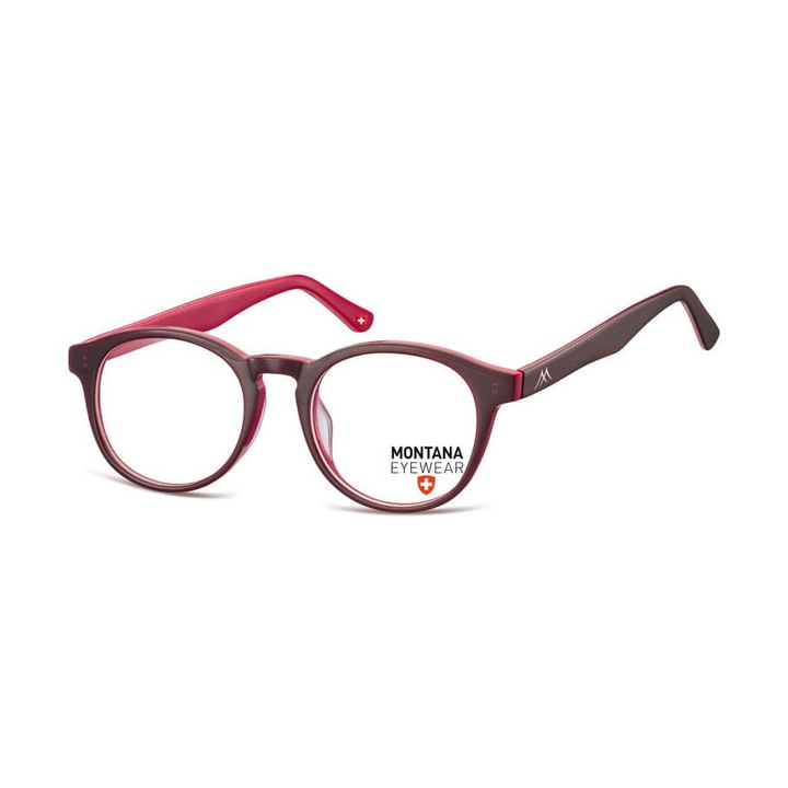 Ochelari Montana, rame rotunde unisex, bordo lucios, lentile transparente, set complet cu etui, sac si servetel