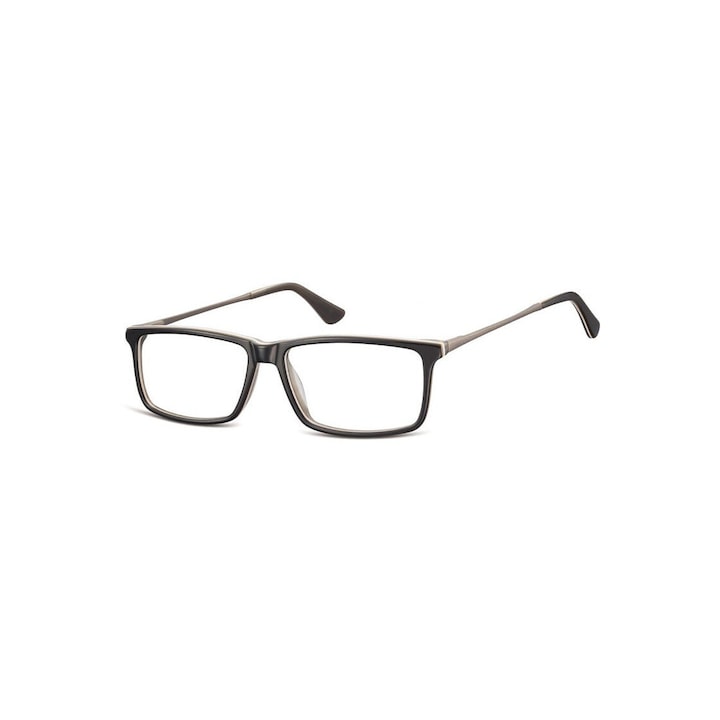 Ochelari de vedere unisex Sunoptic, acetat, negru + gri, lentile transparente, 13.2x3.8cm, set cu etui, sac si servetel