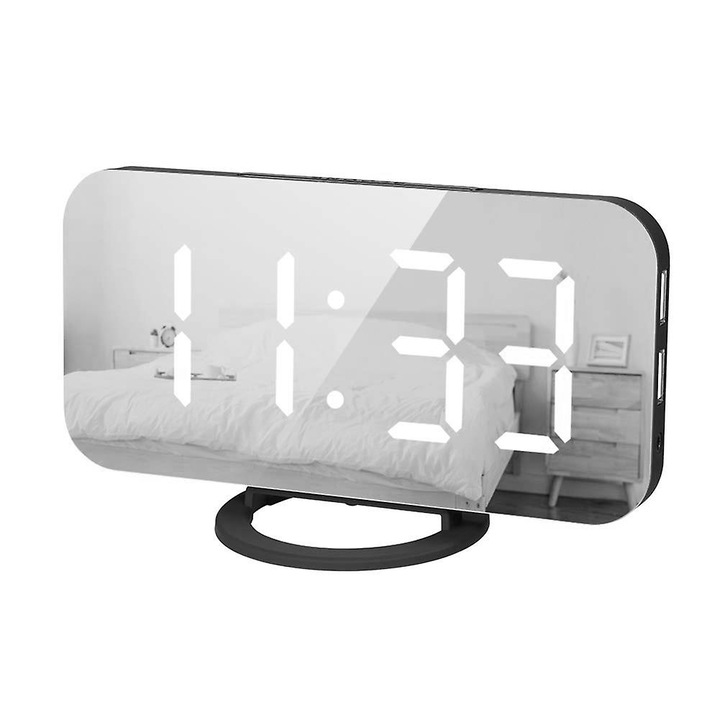 Ceas digital cu alarma, LED, design oglinda, 15.8x5.5x8.7cm, functie snooze, 3 niveluri de luminozitate