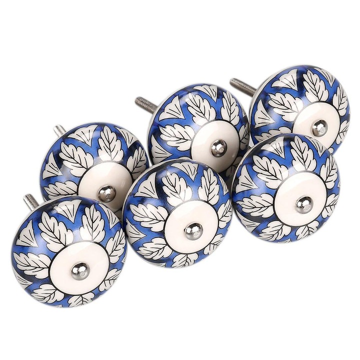 Set 6 Manere Usa Ceramice Vintage cu Design Floral, Alb si Albastru, Diametru 40mm, Inaltime 30-35mm