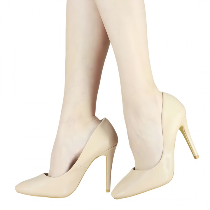 Pantofi eleganti cu toc, piele ecologica cu aspect lacuit, 10023, nude, 38