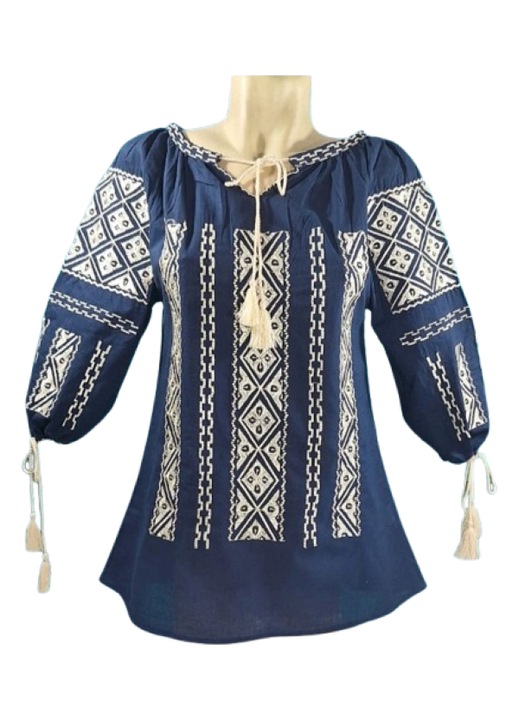 Ie Dama, Bumbac, Maneca 3/4, Model Traditional, Broderie Bej, Bleumarinnal