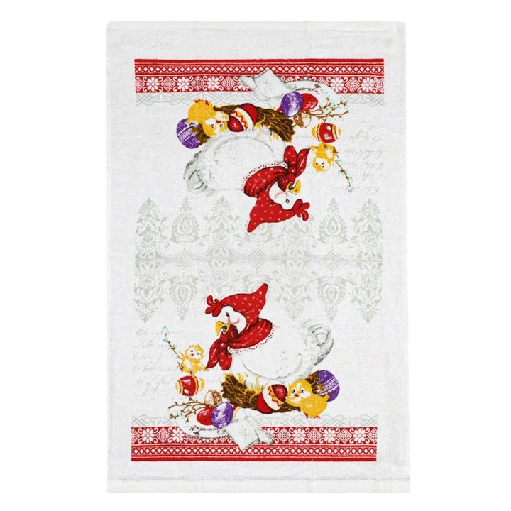 Бяла памучна кухненска кърпа кокошка с великденски пиленца 60х35см