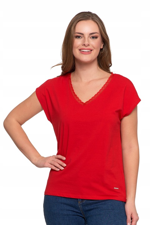 Női póló, Moraj, csipke nyakkivágással, rövid ujjú, pamut, piros