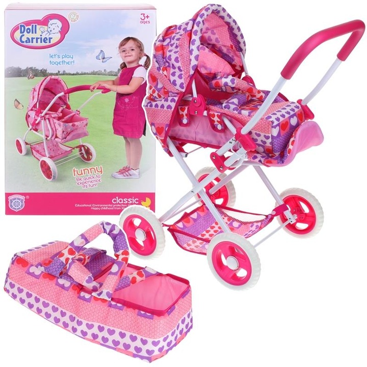 Carucior pentru papusi Carucior adanc pentru gondola Baldachin pliabil 3 in 1