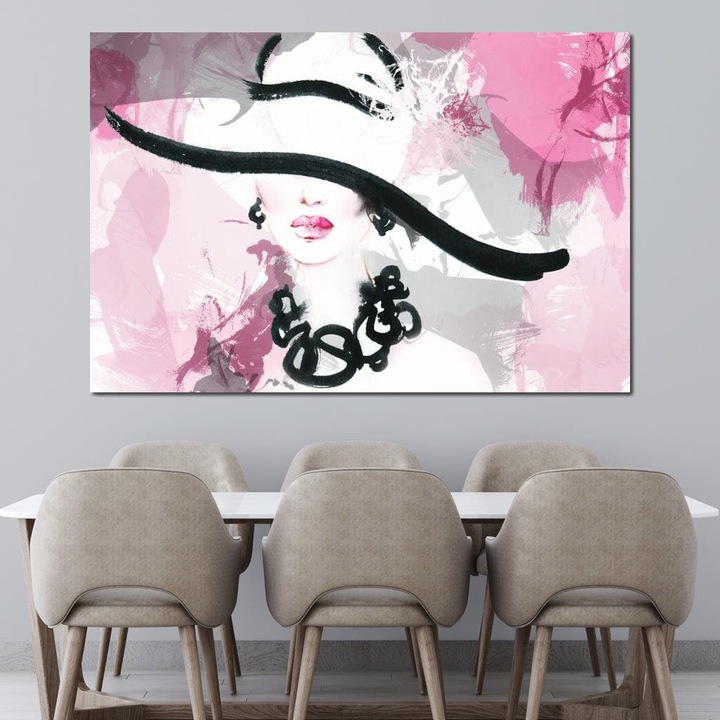 Prémium vászonfestés, LuxCanva® G1083, elegáns és elegáns, 70 X 100 CM, 100% pamut vászon 400 g/m2, fa alváz, sapka, kiegészítő, nyaklánc, rózsaszín, kifinomult, stílus, divat, női, szoba ékszer, hálószoba,