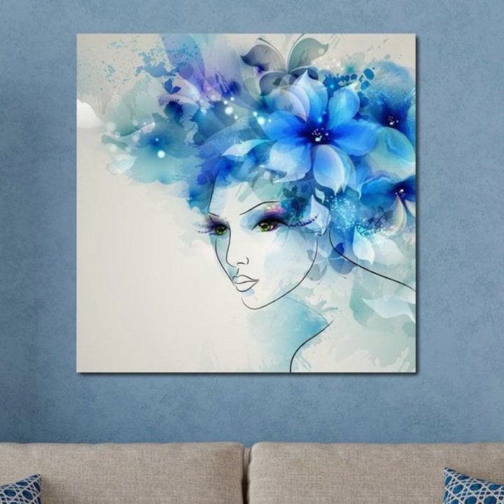 Платно картина Премиум, LuxCanva® G1082, Син сън, 100 X 100 СМ, 100% Памучно платно 400гр/м2, Дървена рамка, Цветя, Портрет, Грация, Нюанс, Изисканост, Деликатност, Подиум, Фотомодел, Всекидневна, Спалня