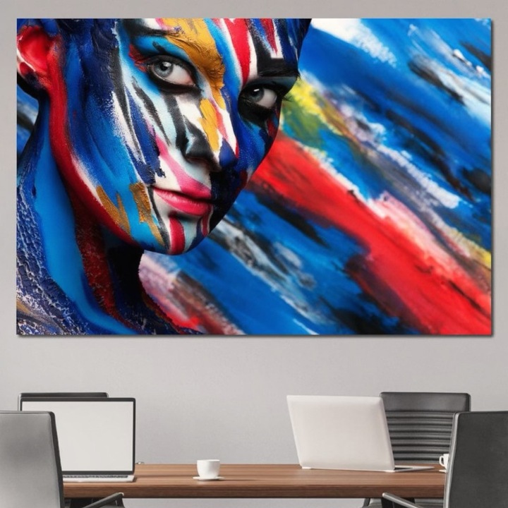 Премиум картина върху платно, LuxCanva® G1088, Аватар на жена, 100 X 150 см, 100% памучно платно 400 г/м2, дървена рамка, дъга, харизма, очи, зелено, поглед, лице, нюанси, мистерия, снимка, стрелба, хол, спалня