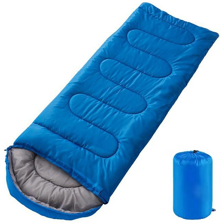 Sac de dormit turistic mumie ZakupyTV, 200x70cm, captuseala HollowTech, albastru/negru, set cu husa