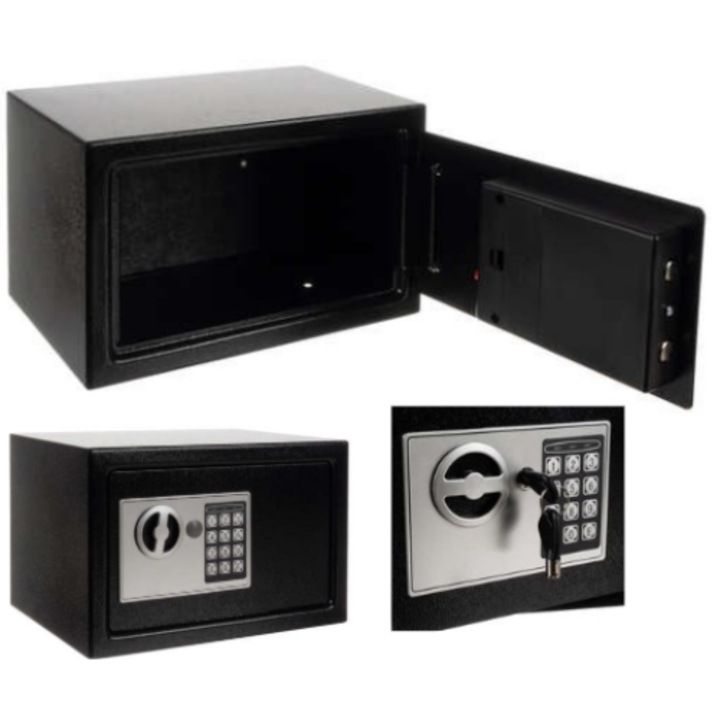 Електронен сейф Malatec, размери 20х31х20см, вместимост 10л, черен цвят, комплект с 2 ключа и аксесоари за монтаж