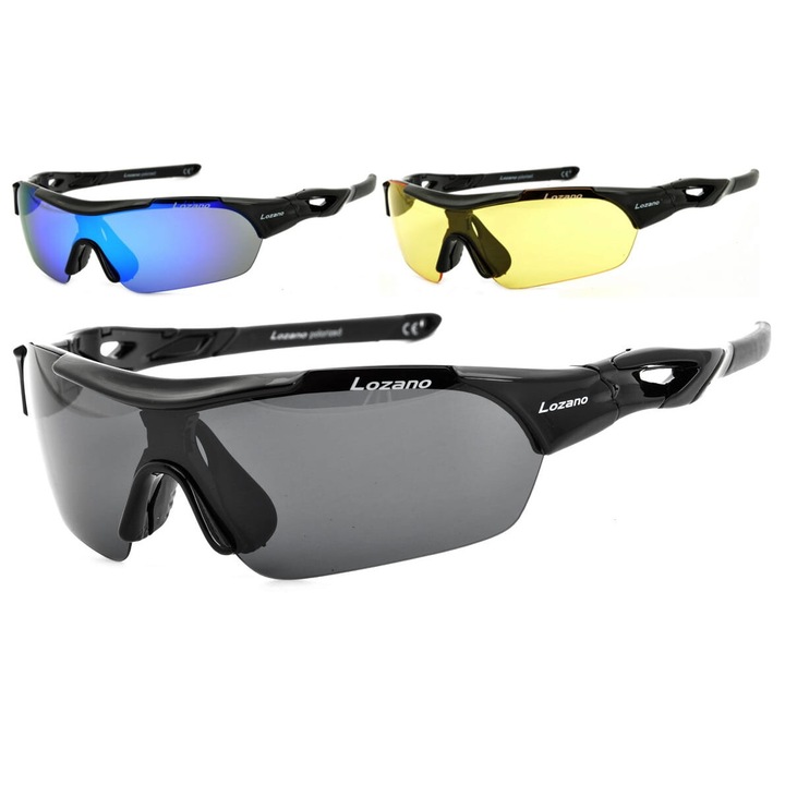 Ochelari sportivi Lozano, set 3 lentile, polaroid, negru, galben, albastru, grilamid TR90, UV 400