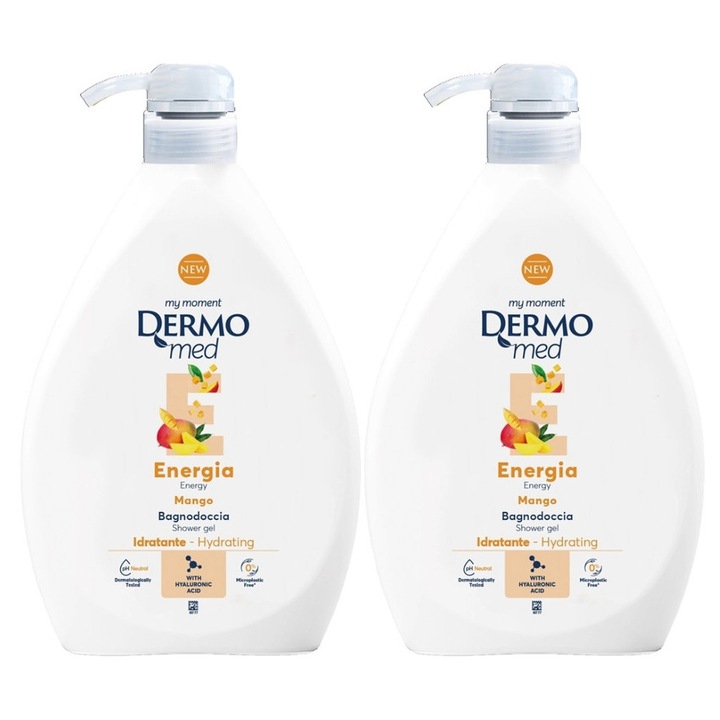 Set 2 x Dermomed Gel Dus 1l Mango, fresh aroma, parfum floral, distruge bacteriile, rapid si eficient, testat dermatologic, prospetime de lunga durata, eficacitate maxima, continut generos, elimina mirosuri neplacute