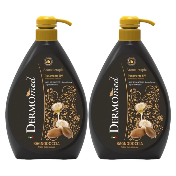 Set 2 x Dermomed Gel Dus 1l Argan, fresh aroma, parfum floral, distruge bacteriile, rapid si eficient, testat dermatologic, prospetime de lunga durata, eficacitate maxima, continut generos, elimina mirosuri neplacute