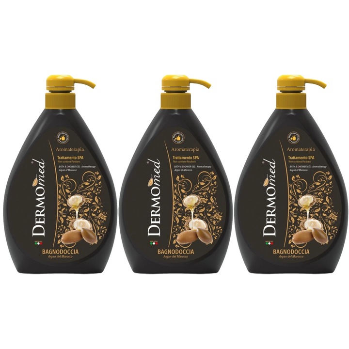 Set 3 x Dermomed Gel Dus 1l Argan, fresh aroma, parfum floral, distruge bacteriile, rapid si eficient, testat dermatologic, prospetime de lunga durata, eficacitate maxima, continut generos, elimina mirosuri neplacute