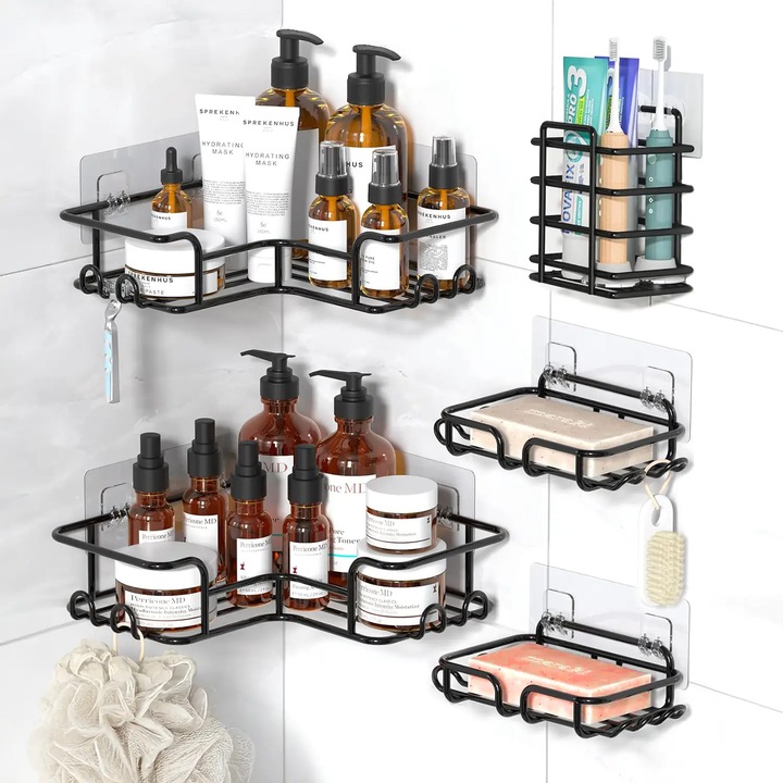 Комплект 5 Душ Рафта Elindor® Етажерка с Лепило, Ъглова Етажерка за Баня, Рафт с Кукички, от Въглеродна Стомана, Държач за Кърпи и Сапун, Органайзер за Баня или Етажерки за Съхранение в Кухня, Санитарни Аксесоари, Черен