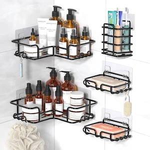 Raft de Dus Elindor® Polita cu Adeziv, Etajera de Baie, Suport Prosop, Sapun, Periuta de Dinti, Organizator Baie sau Etajere Depozitare in Bucatarie, Set 5 Rafturi de Dus, Accesorii din Inox, Negru