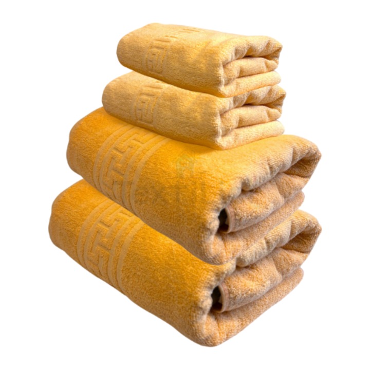 Set 4 Prosoape de baie, 100% bumbac calitate Premium, 50X90 cm, 70x140 cm, TextiLici, Mustar deschis