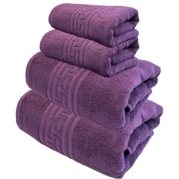 Set 4 Prosoape de baie, 100% bumbac calitate Premium, 50X90 cm, 70x140 cm, TextiLici, Mov