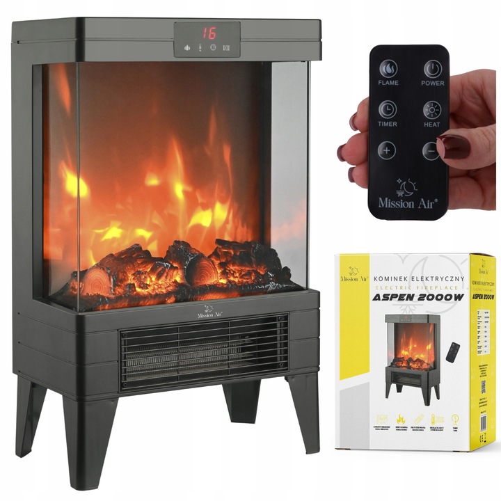 Електрическа камина Mission Air, 2000W, черна, 52.3x32.2x18cm, с дистанционно управление и дигитален термостат