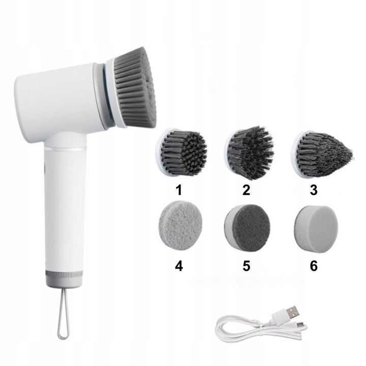 Perie electrica de curatare, 80W, 6 capete interschimbabile, alb/gri