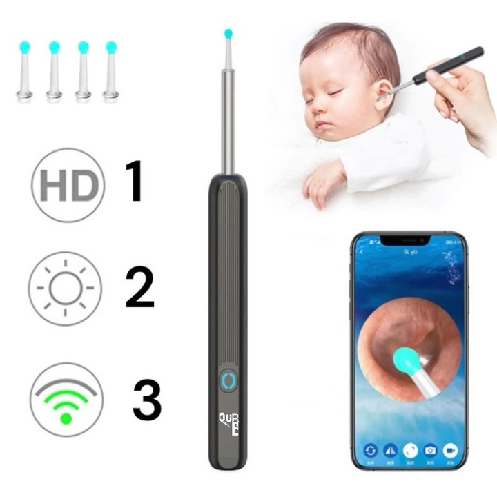 Otoscop mini Qure, camera, curatare urechi, Wi-Fi, negru, set cu 4 capete