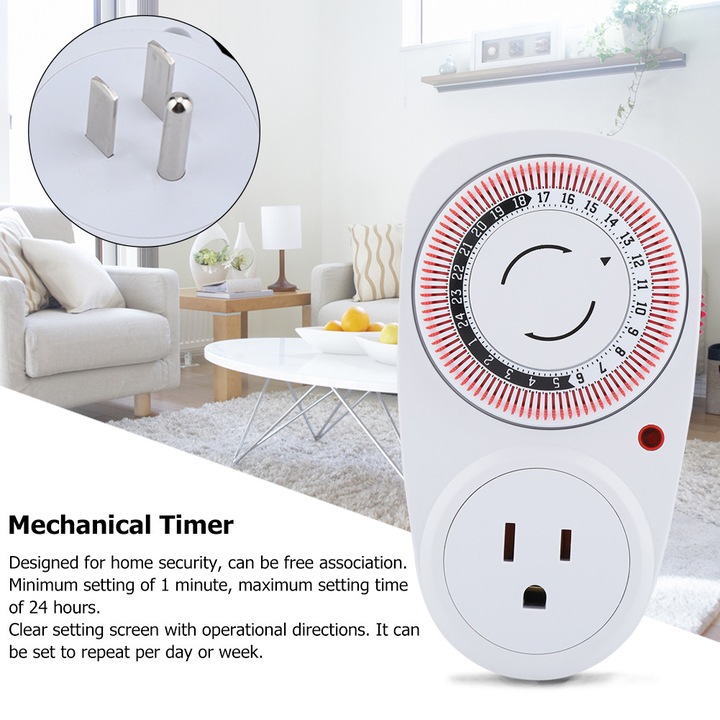 Timer mecanic 24 ore pentru priza, durabil, interior, 110V, tip US