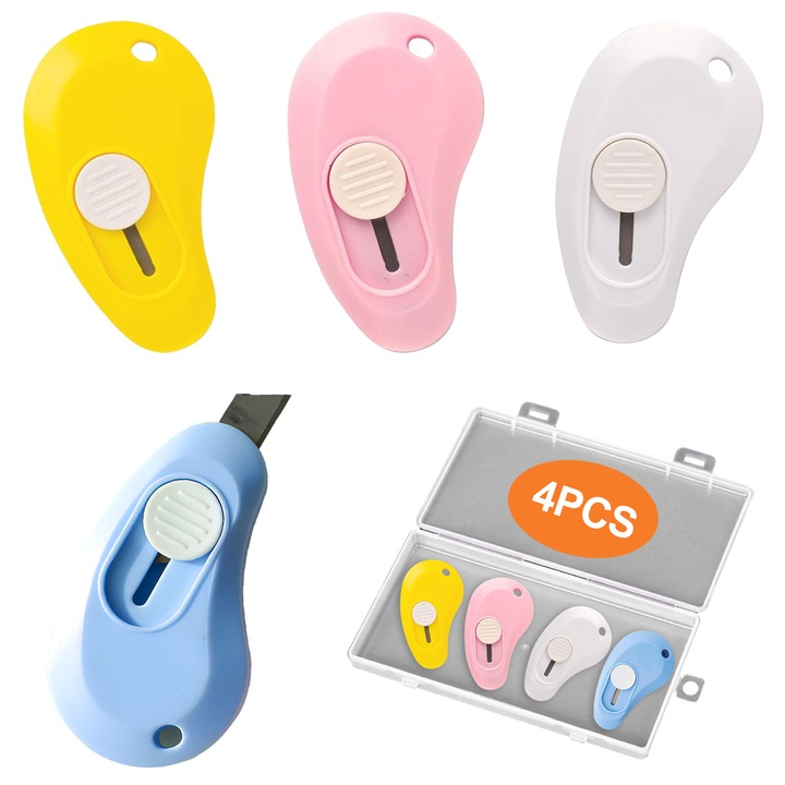 Set 4 cuttere, lama metalica, AMRINUGL, compact, 6x3cm, suport pentru breloc