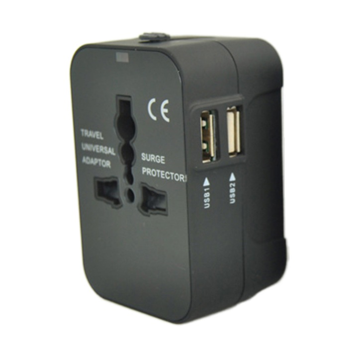 Adaptor de calatorie universal 150+ tari, multi-plug UK/US/EU/AU cu 2 porturi USB 2.1A, protectie la supratensiune, negru, 0805BM-BST3109128