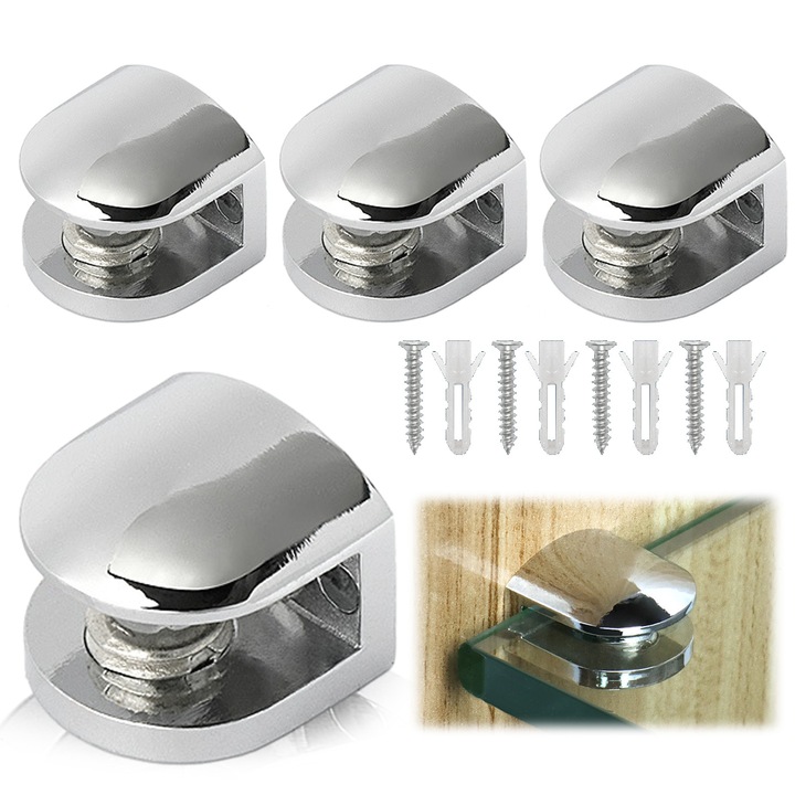 Clema rezistenta pentru rafturi din sticla si lemn, finisaj cromat lustruit pentru un aspect elegant