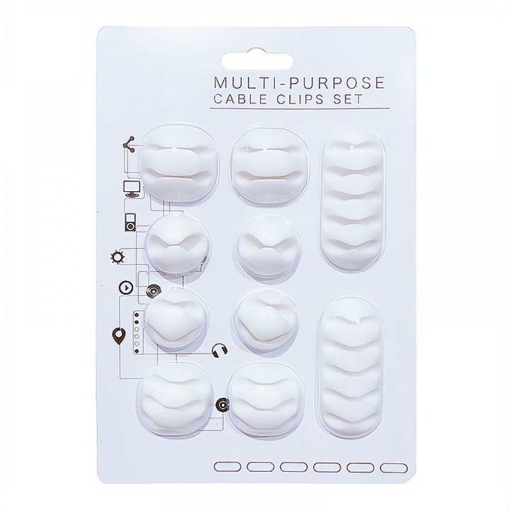 Suporturi cabluri multifunctionale Enforose, set 10 bucati, alb, design compact, adeziv puternic