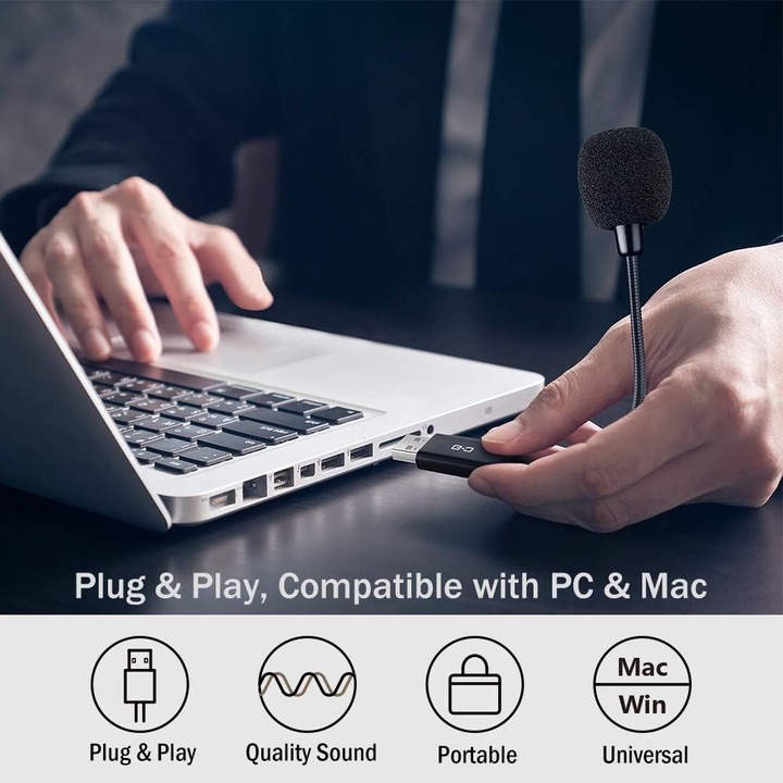 Microfon USB mini cu gat flexibil, universal, negru, compact