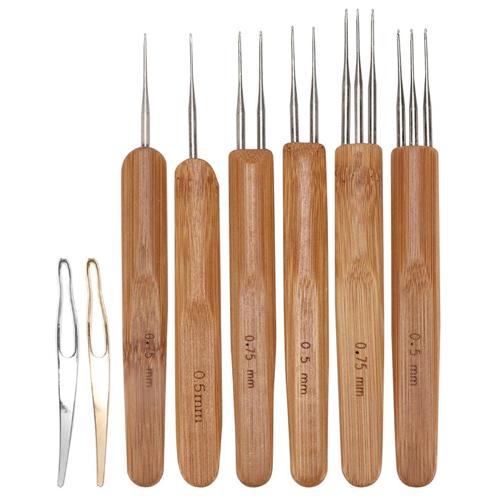 Unelte pentru impletituri cu maner din bambus, inox, pentru par sintetic si natural