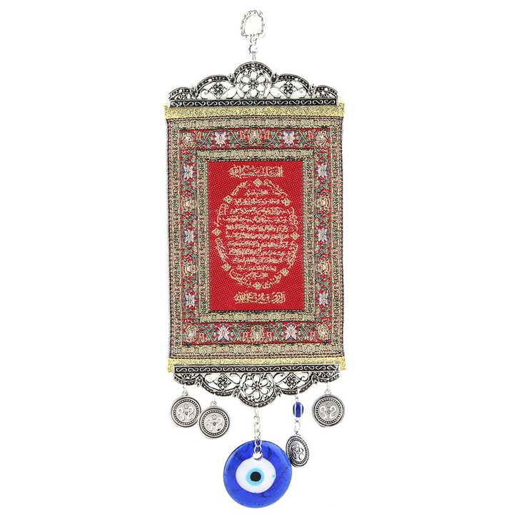 Amuleta de perete, ornament decorativ cu ochi turcesc din sticla, pandantiv fluture, tapiserie brodata, rosu/albastru, 1 buc