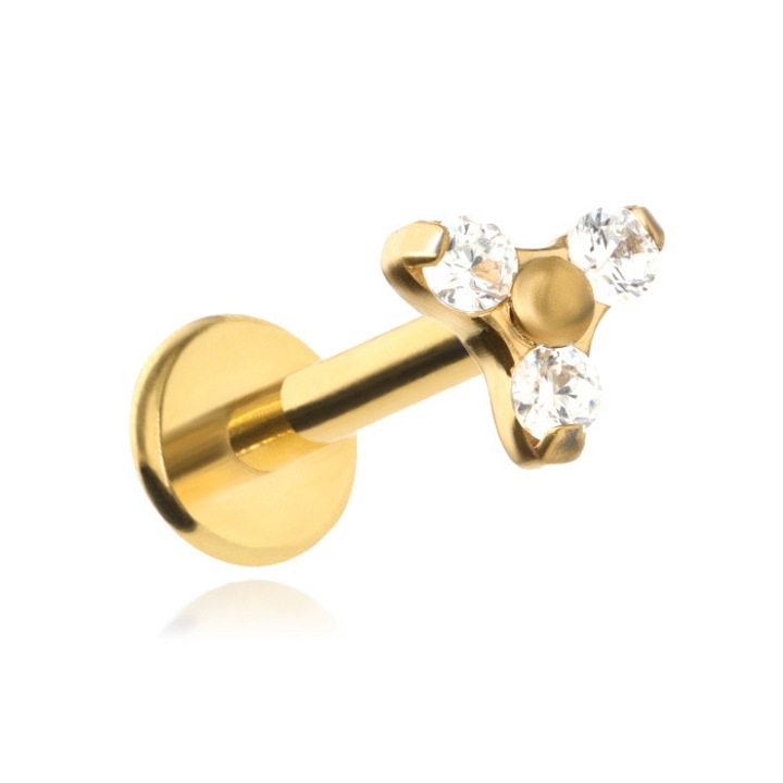 Piercing din titan, 1,2x6x4mm, 3 zirconii albe, auriu