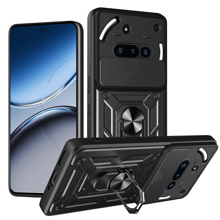 Калъф за телефон, съвместим с Nothing Phone (3a), Slide and Snap Soft Premium защита на камерата, държач с магнитен пръстен, PopGrip, Anti-Shock, здрава защита, черен